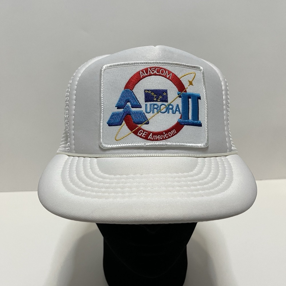 Vintage Alascom GE Americom Aurora II Satellite Trucker‎ Hat White Snapback